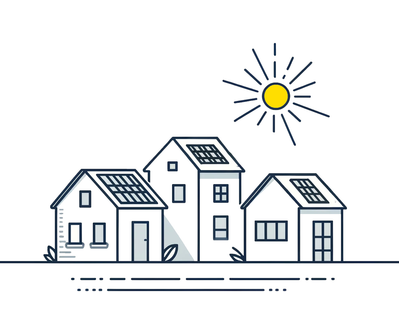 A minimalistic line vector illustration of three different houses with solar panels on the roofs.